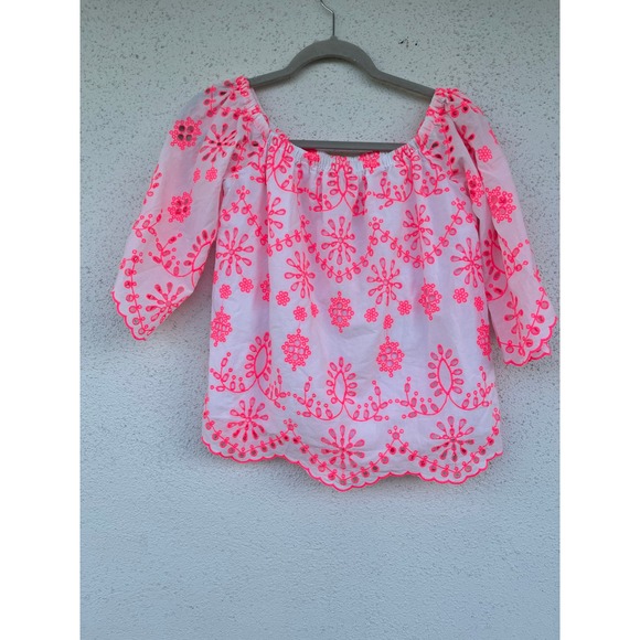 Lilly Pulitzer Off Shoulder Top Pink Floral Eyelet Blouse - Picture 1 of 9